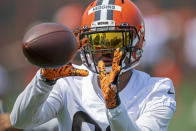 Cleveland Browns receiver Rashard Higgins (82) catches a pass during NFL football practice in Berea, Ohio, Wednesday, July 28, 2021. (AP Photo/David Dermer)