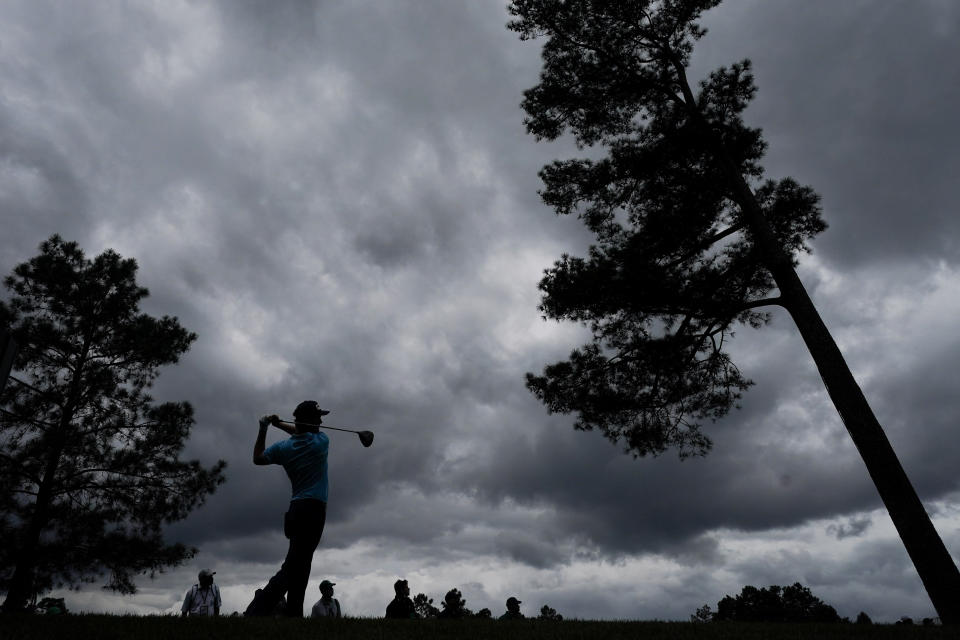 Abraham Ancer, of Mexico, tees off on the 18th hole during the second round of the Masters golf tournament on Friday, April 9, 2021, in Augusta, Ga. (AP Photo/Charlie Riedel)