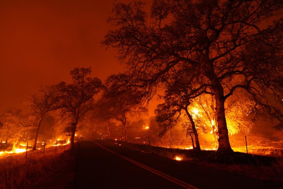 The Zogg Fire burns on both sides of Platina Road on Sunday night, Sept. 27, 2020.