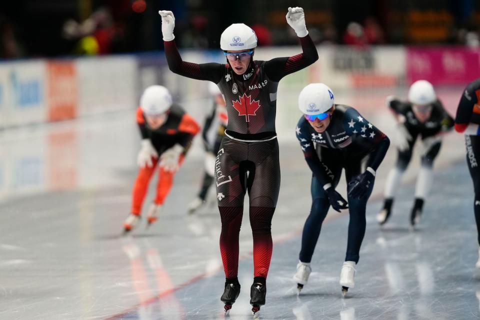 Canada's Valerie Maltais, seen above in February, placed second in the women's mass start at the speed skating World Cup on Friday in Stavanger, Norway. (Piotr Hawałej/The Associated Press - image credit)