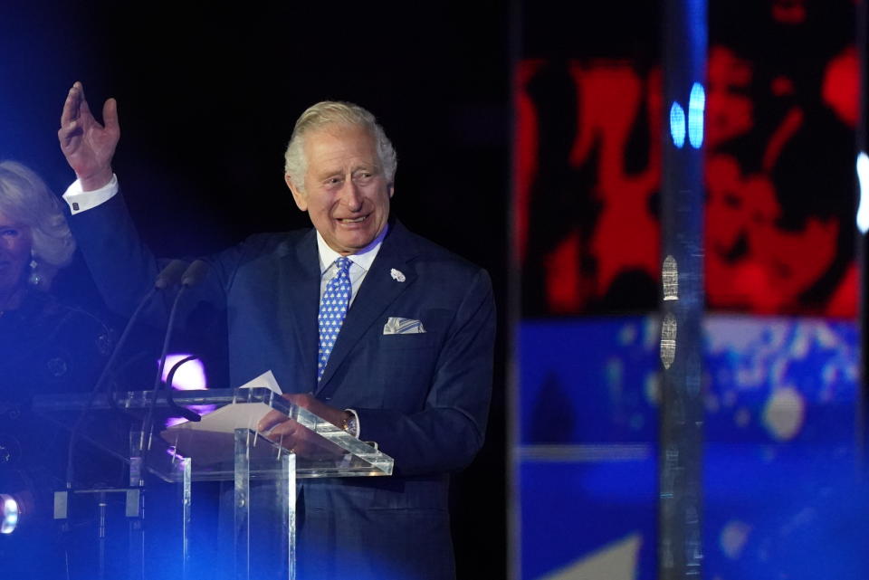 The Prince of Wales accompanied by the Duchess of Cornwall, speaks on stage during the Platinum Party at the Palace staged in front of Buckingham Palace, London, on day three of the Platinum Jubilee celebrations for Queen Elizabeth II. Picture date: Saturday June 4, 2022.