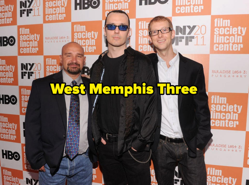 Three men stand in front of a step-and-repeat with the caption "West Memphis Three"