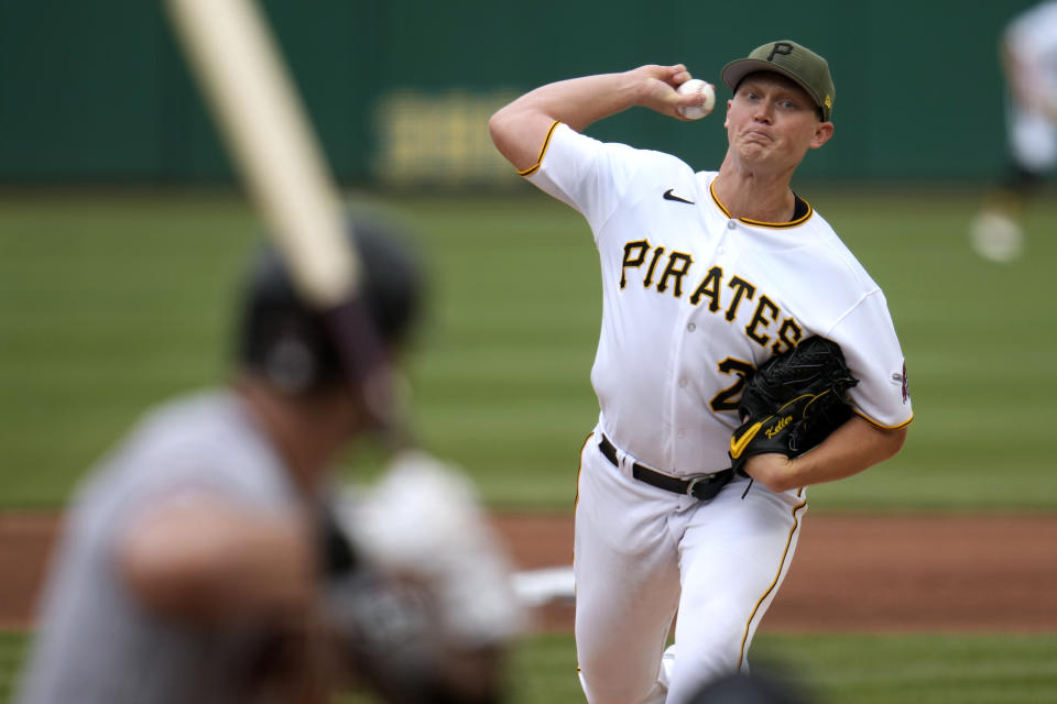 Pittsburgh Pirates starting pitcher Mitch Keller delivers during the sixth inning of a baseball game against the Arizona Diamondbacks in Pittsburgh, Saturday, May 20, 2023. (AP Photo/Gene J. Puskar)