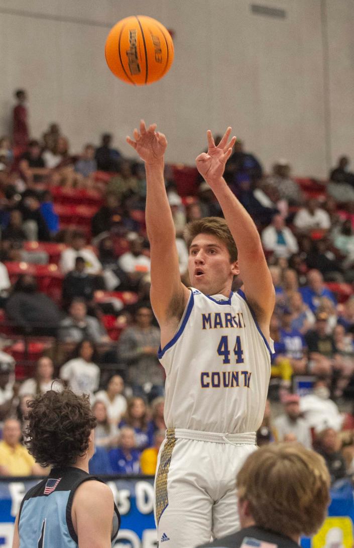 Martin County High School&#39;s Ryan Davis (44) goes up for basket against Ponte Vedra during the first half of their FHSAA Boys 6A championship game Saturday, March 5, 2022, at The RP Funding Center in Lakeland.