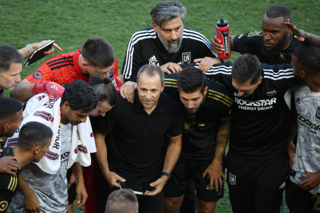 Nov 5, 2022; Los Angeles, CA, US; Los Angeles FC head coach Steve Cherundolo huddles with his team against the Philadelphia Union before the shootout in the 2022 MLS Cup championship game at Banc of California Stadium. Mandatory Credit: Kiyoshi Mio-USA TODAY Sports