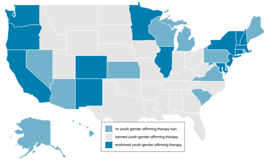 This map shows state laws on gender-affirming therapy for minors. Almost half of all states have banned youth gender-affirming therapy, while 14 states and the District of Columbia passed shield laws enshrining the practice. (Data from The Movement Advancement Project Graphic)