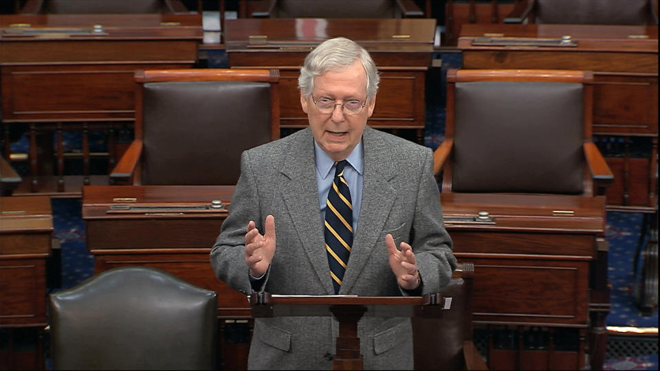 Senate Majority Leader Mitch McConnell of Ky., speaks on the Senate floor, Friday, Jan. 3, 2020 at the Capitol in Washington. (Senate TV via AP)