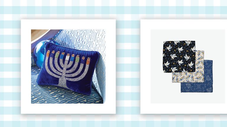 a blue throw pillow with an embroidered menorah and a photo of a set of three hanukkah themed dish cloths on a blue and white background