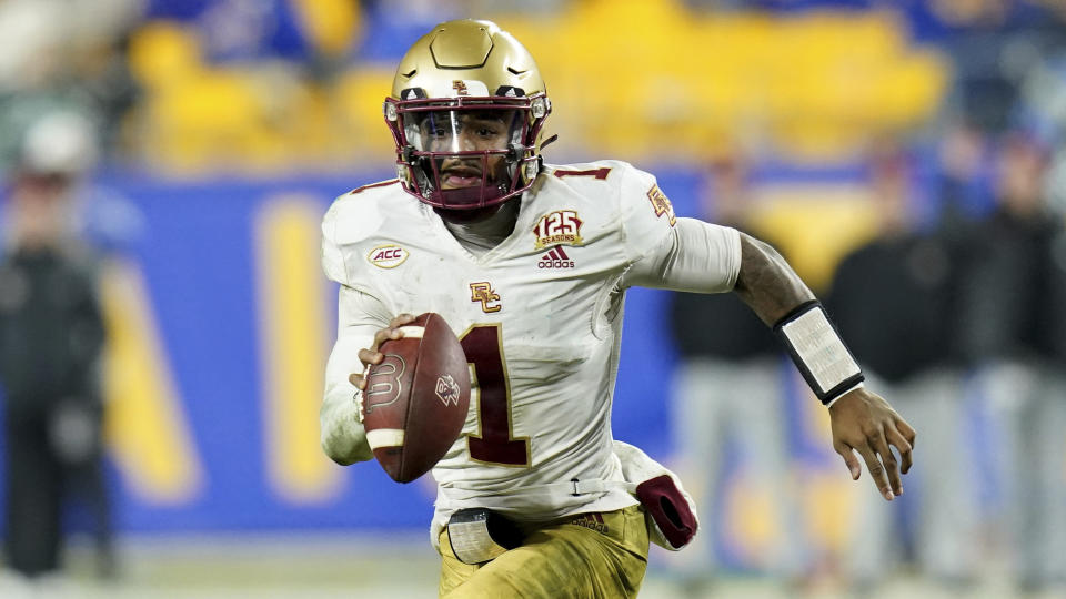 FILE - Boston College quarterback Thomas Castellanos (1) carries during the second half of an NCAA college football game against Pittsburgh, Thursday, Nov. 16, 2023, in Pittsburgh. SMU gets an Atlantic Coast Conference prequel when it plays Boston College in the Fenway Bowl on Thursday, Dec. 28, 2023. (AP Photo/Matt Freed, File)