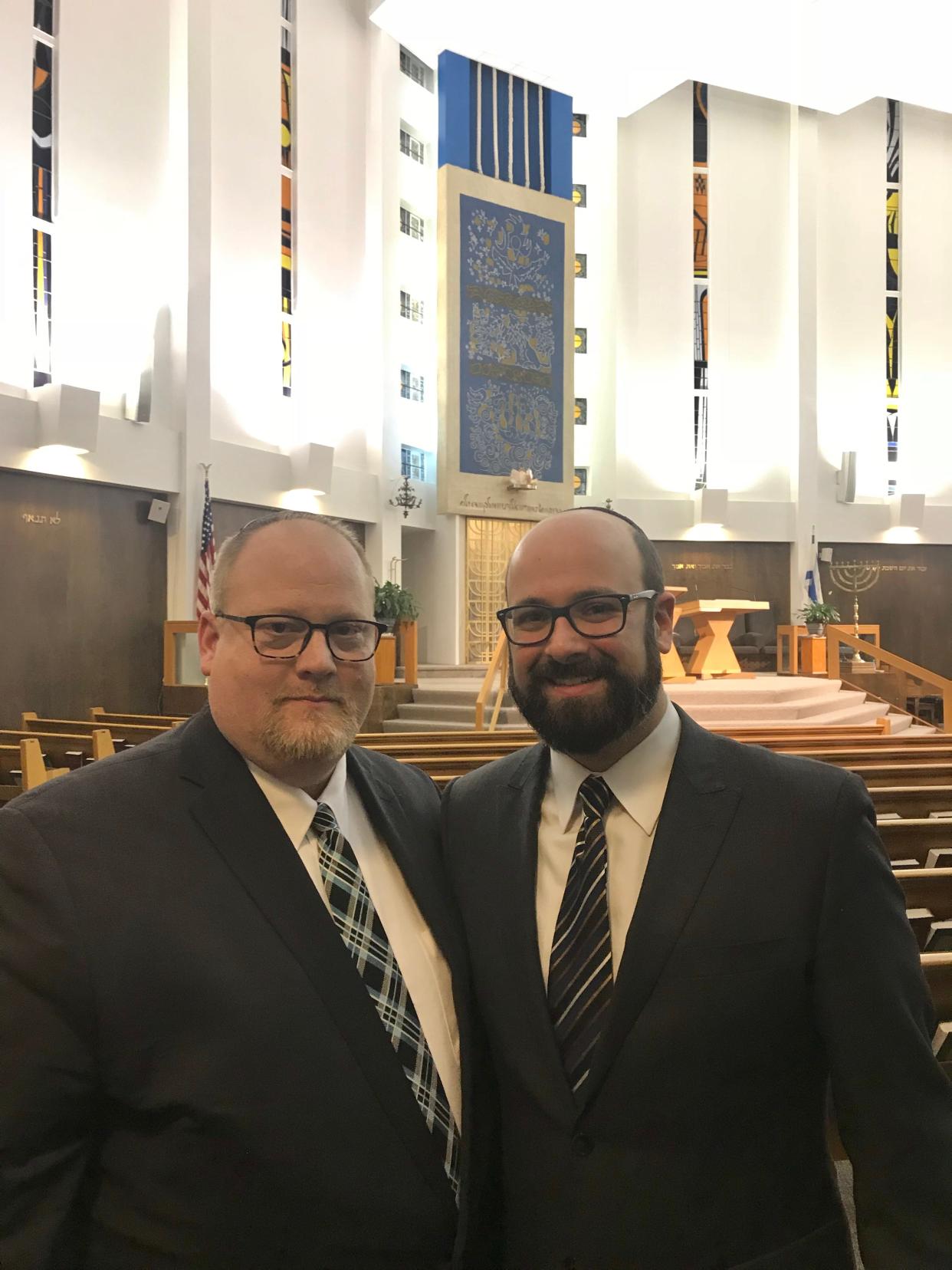 Rabbi Robert Gamer (left) of Congregation Beth Shalom in Oak Park and Rabbi Matthew Zerwekh of Temple Emanu-El in Oak Park, after an interfaith vigil at Congregation Beth Shalom on Oct. 30, 2018, to remember the victims of the Pittsburgh synagogue attack.