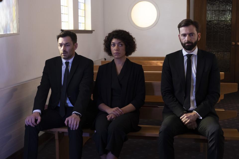 Matthew McNulty, left, Cush Jumbo and David Tennant in "Deadwater Fell."