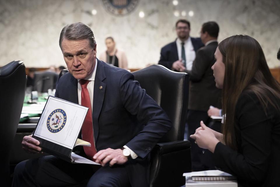 Sen. David Perdue, R-Ga., attends a markup of the federal spending blueprint for fiscal year 2020 with other members of the Senate Budget Committee, on Capitol Hill in Washington, Thursday, March 28, 2019. (AP Photo/J. Scott Applewhite)