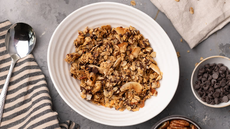 gluten-free coconut pecan granola in white bowl