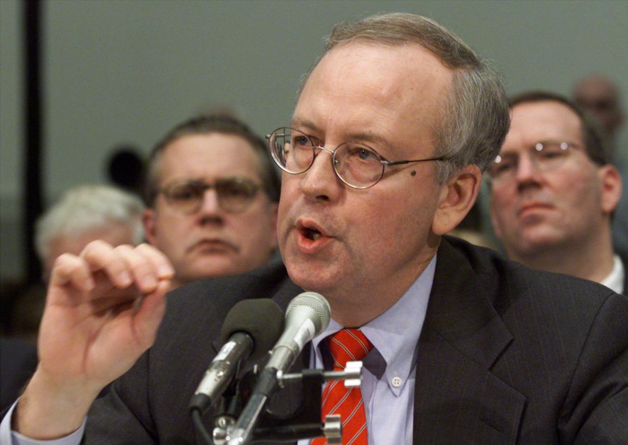 Independent Counsel Kenneth Starr gives his opening statement before the House Judiciary Committee's impeachment hearing on Capitol Hill in Washington in this Nov. 19, 1998 file photo. 