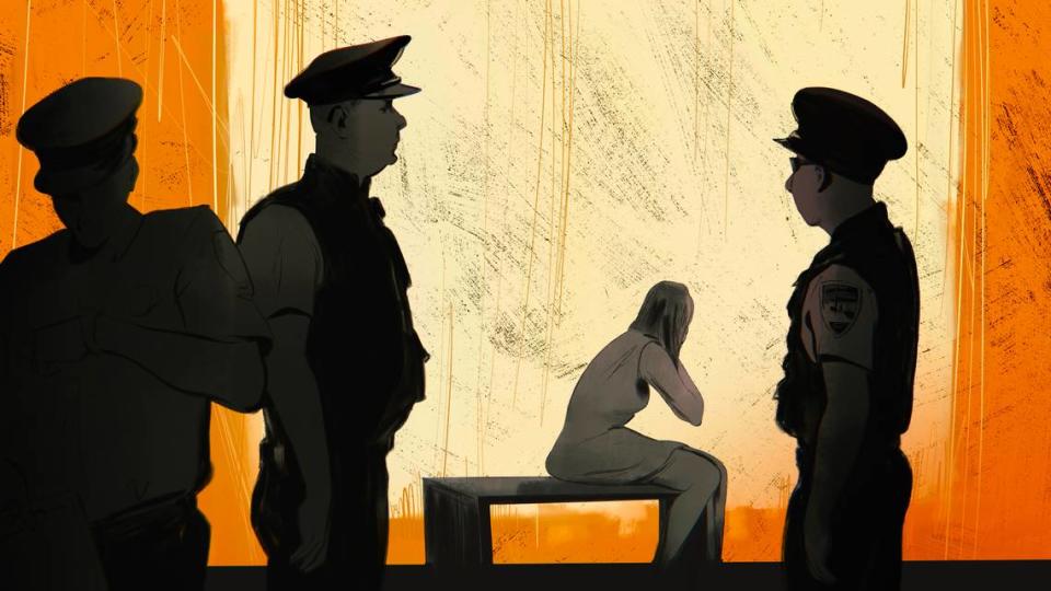 Illustration of police officers idly watching a distraught woman nearby.