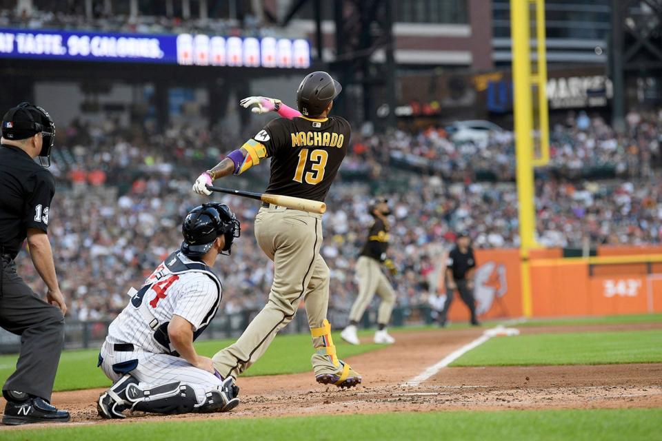 Padres third baseman Manny Machado hits a three-run home run against the Tigers in the third inning on Saturday, July 22, 2023, at Comerica Park.