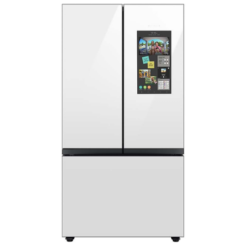 silver Samsung smart refrigerator against white background
