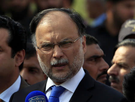 Pakistan's Interior Minister Ashan Iqbal speaks to media outside the accountability court in Islamabad, Pakistan October 2, 2017. Picture taken October 2, 2017. REUTERS/Faisal Mahmood