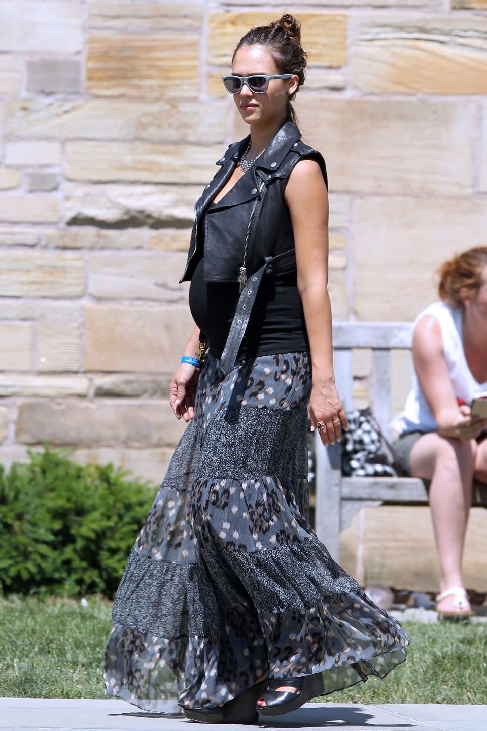 <p>Jessica Alba keeps her bohemian spirit going strong in a gauzy printed maxi skirt.</p>