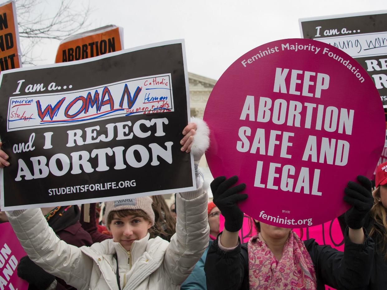 A pro-choice activist demonstrates in the middle of pro-life activists as they demonstrate in front of the US Supreme Court during the March For Life in Washington DC 27 January 2017: JIM WATSON/AFP/Getty Images