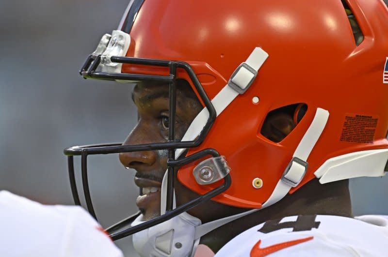 The Cleveland Browns sported brown facemasks on their primary helmets since 2005. File Photo by Joe Marino/UPI