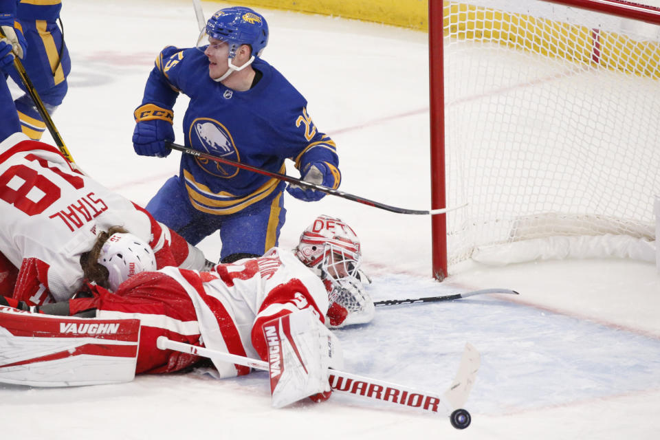 Buffalo Sabres center Arttu Ruotsalainen (25) puts the puck past Detroit Red Wings goaltender Alex Nedeljkovic (39) during the third period of an NHL hockey game, Saturday, Nov. 6, 2021, in Buffalo, N.Y. (AP Photo/Jeffrey T. Barnes)