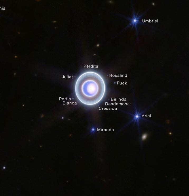 Webb hat dieses Bild von Uranus und einigen der 27 Monde des Planeten, wie Puck, Rosalind und Juliet, aufgenommen. - Copyright: NASA, ESA, CSA, STScI