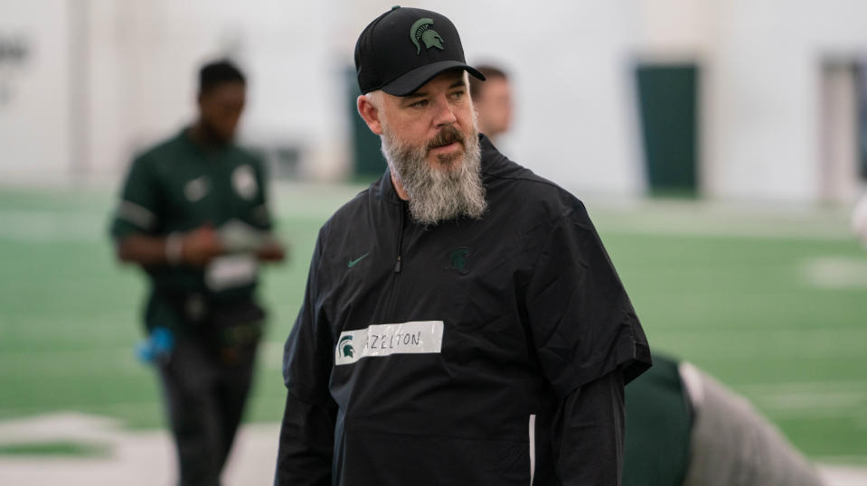 New Michigan State defensive coordinator Scottie Hazelton during workouts in March.