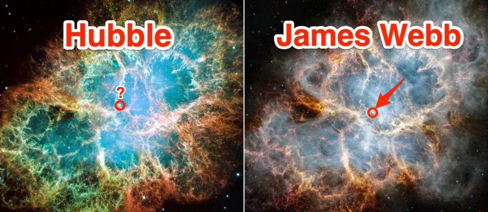 Image of Crab Nebula taken by Hubble on left and by JWST on right.