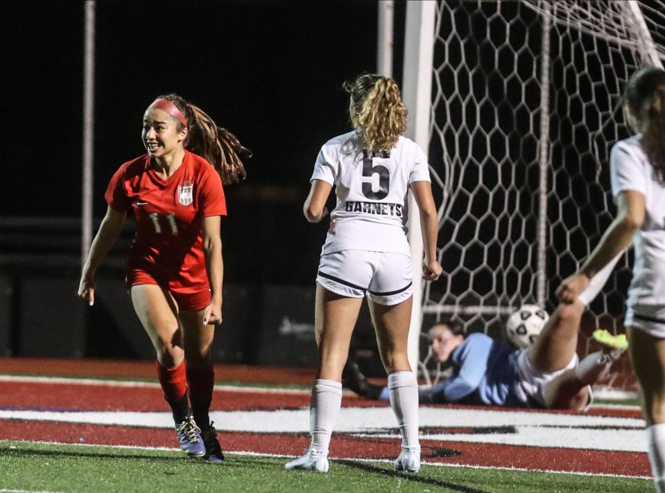 Julia Arbelaez of Somers scores a first half goal during a varsity soccer game against Rye at Somer High School Oct. 6, 2022. Somers defeated Rye 3-0.