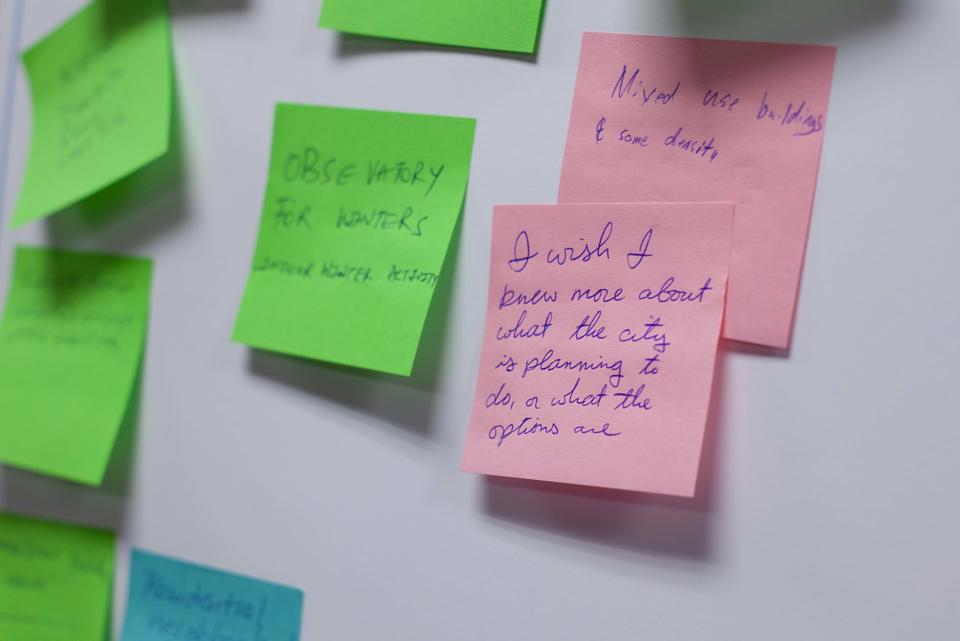 Some sticky notes share suggestions for winter activities, mixed use buildings and more information on what the city is planning to do for the project, as seen, Tuesday, April 30 in Sheboygan, Wis.