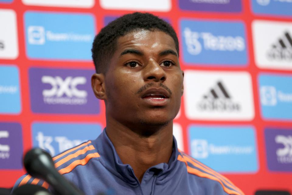 Manchester United star Marcus Rashford, pictured here speaking at a press conference in Melbourne.