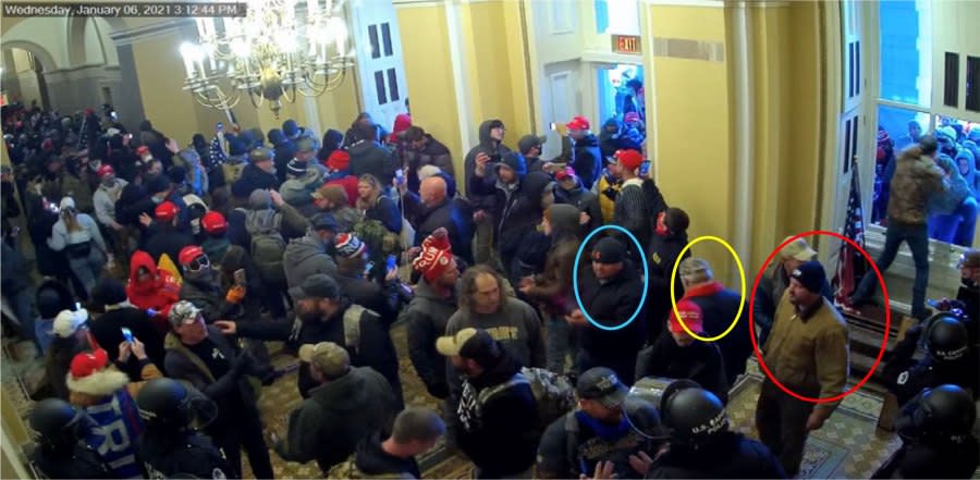 FBI investigation photos of Daniel Hatcher (circled in yellow) from the Jan. 6, 2021, riot at the U.S. Capitol.