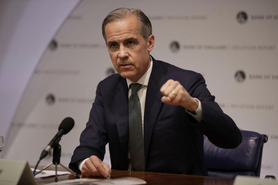 Mark Carney the Governor of the Bank of England, speaks during an Inflation Report Press Conference at the Bank of England in the City of London, Thursday, May 2, 2019. The British economy is likely to weaken in the near-term as firms ease up on Brexit preparations now that Britain’s Brexit departure from the European Union has been delayed by months, the Bank of England said Thursday. (AP Photo/Matt Dunham, Pool)