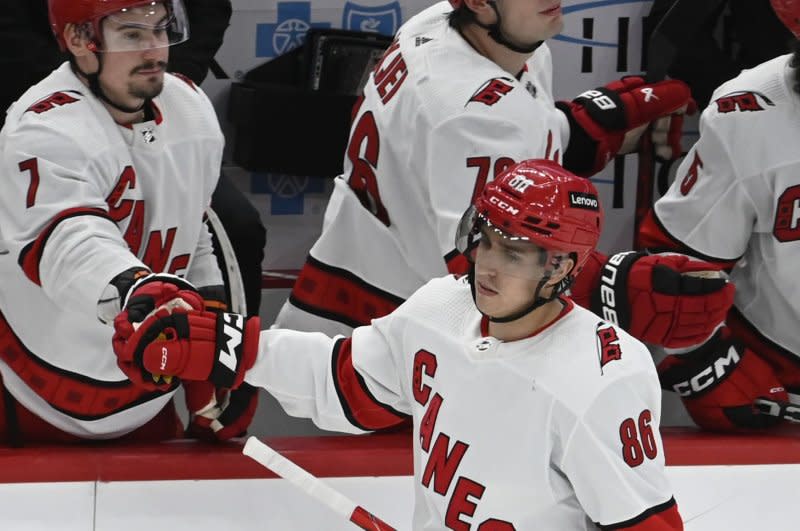 Forward Teuvo Teravainen (R) and the Carolina Hurricanes are favorites to win the Stanley Cup. File Photo by Archie Carpenter/UPI