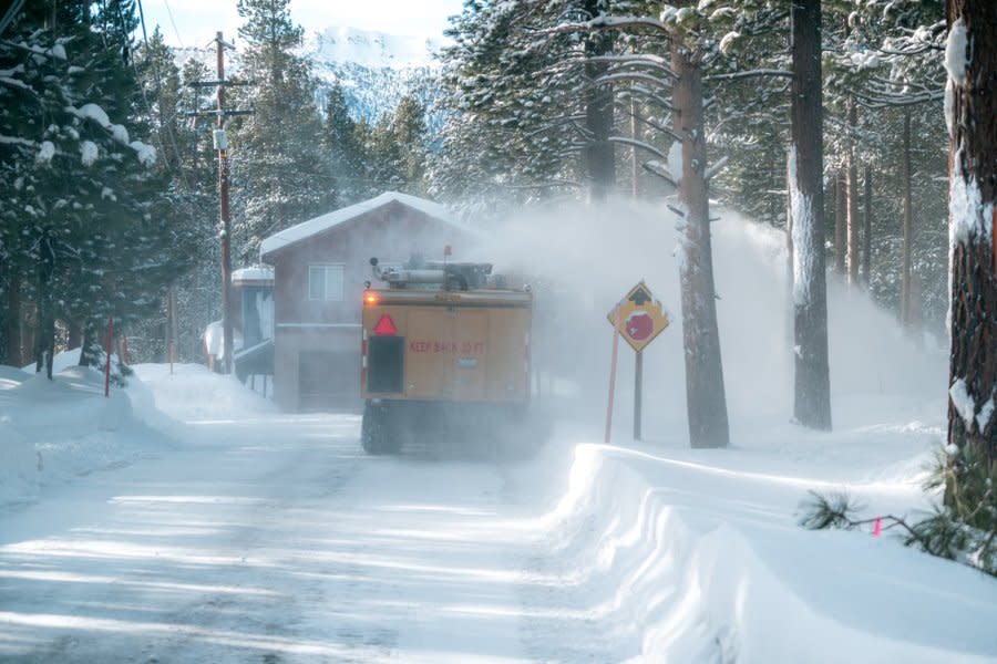 Heavy machinery clears a roadway at Mammoth Mountain in February 2024. (Jacob Myhre, Mammoth Lakes Tourism)
