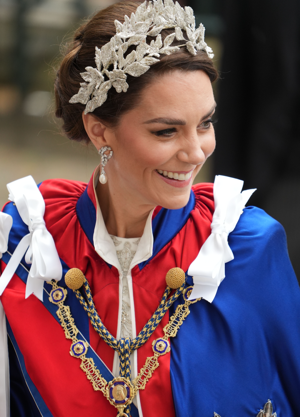 <p> In 2023, the princess pulled out all the stops for King Charles' Coronation. She wore the red and blue robes of the Royal Victorian Order over an ivory Alexander McQueen gown. In honour of the new monarch's green theme for the event, she accessorised with a sparkly 'flower crown'. </p>