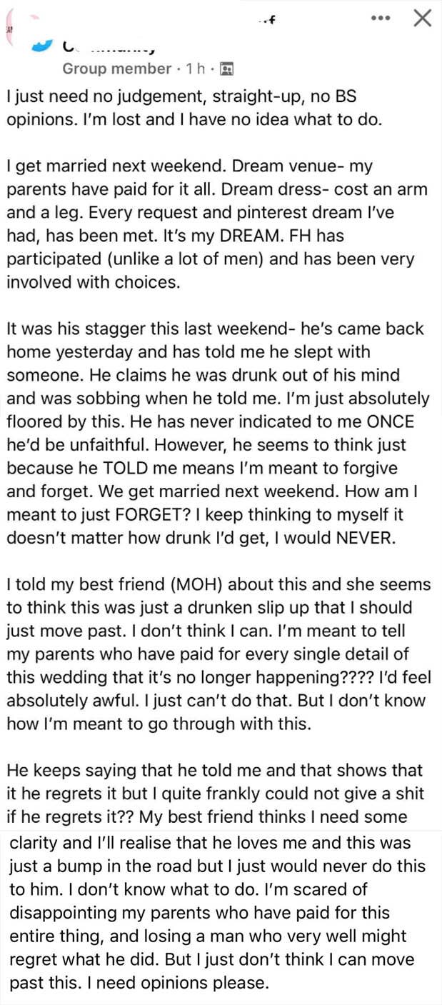 bride wondering if she should go through with wedding after fiance slept with someone else