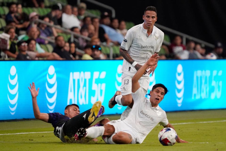 FC Juárez defender Haret Ortega, right, and Mazatlán FC midfielder Ramiro Arciga challenge for the ball during the second half of Tuesday night's Leagues Cup match at Q2 Stadium. Juárez faces Austin FC on Saturday night.