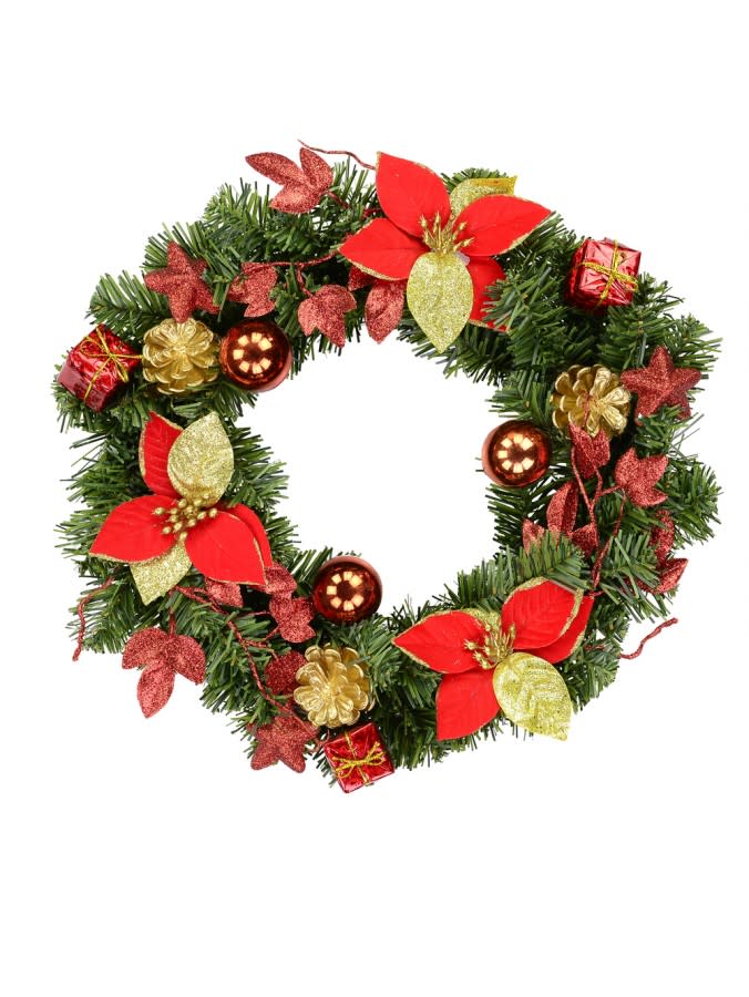 Decorated Red, Green & Gold Mixed Foliage & Floral Pine Wreath, $14.95