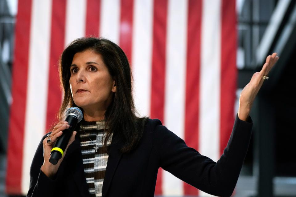 Republican presidential candidate Nikki Haley campaigns on Feb. 20, 2023, in Urbandale, Iowa.