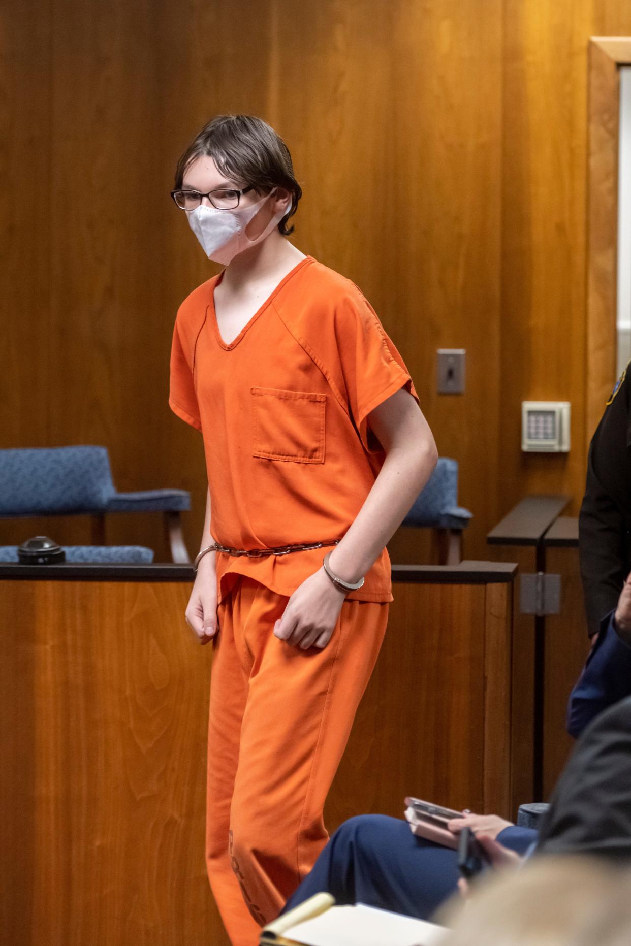 Ethan Crumbley attends a hearing at Oakland County circuit court in Pontiac, Mich., on Feb. 22, 2022, over the teen's placement as he awaits trial. Crumbley, 15, is charged with the fatal shooting of four fellow students and the wounding of seven others, including a teacher at Oxford High School on Nov. 30.