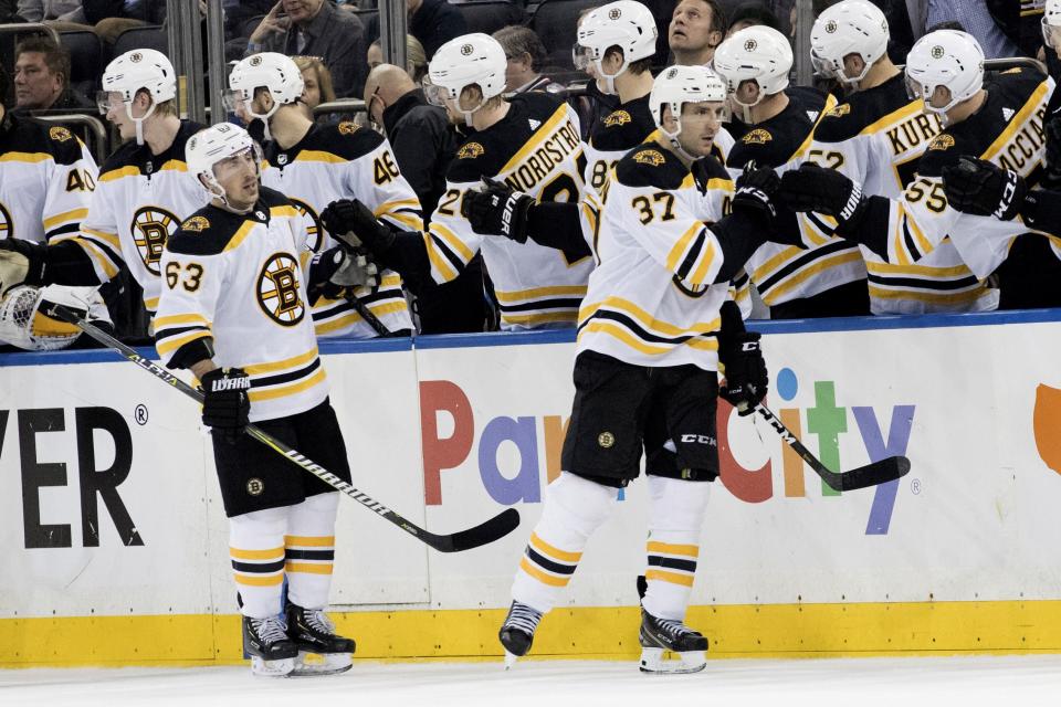 <p>
              Boston Bruins center Patrice Bergeron (37) celebrates after scoring a goal in the second period of an NHL hockey game against the New York Rangers, Wednesday, Feb. 6, 2019, at Madison Square Garden in New York. (AP Photo/Mary Altaffer)
            </p>