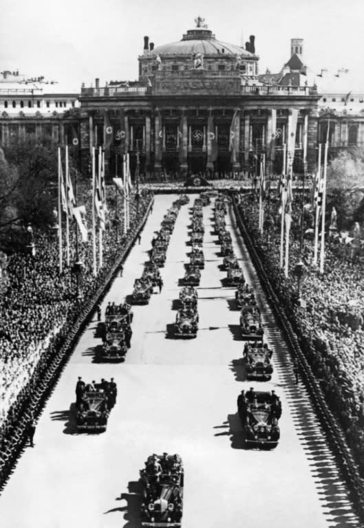 File photo taken April 10, 1938 showing German troops on parade outside Vienna's Burgtheater, to mark the plebiscite asking Austrians to ratify the Anschluss and the annexation of Austrian into Greater Germany