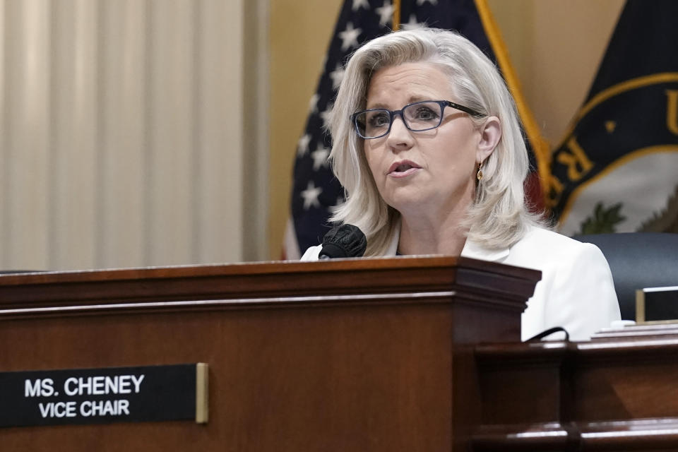 FILE - Vice Chair Liz Cheney, R-Wyo., speaks as the House select committee investigating the Jan. 6 attack on the U.S. Capitol holds a hearing at the Capitol in Washington, July 21, 2022. Cheney is on a long list of women, historically some of Republican Donald Trump's most stubborn challengers, for whom the former president's playbook deploys intimidation, combined with a now-familiar brand of vulgarity, nicknames and other insults used for men, too. (AP Photo/J. Scott Applewhite, File)