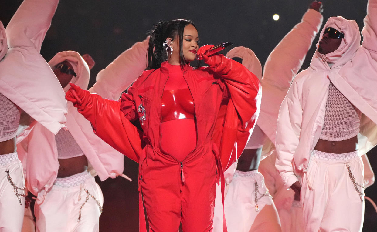 Stock picture of Rihanna performing at the 2023 Super Bowl. (Getty Images)