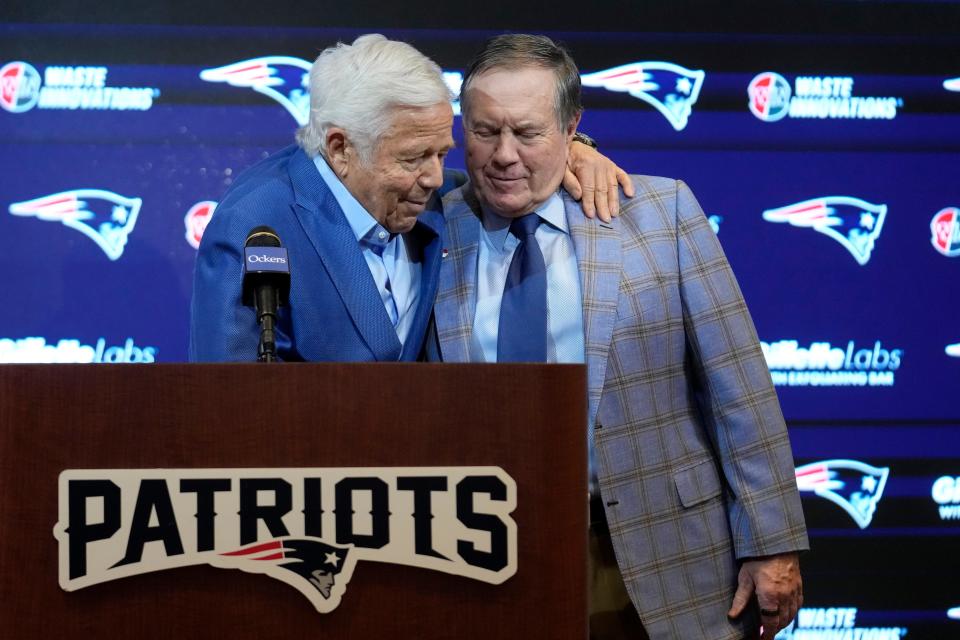 New England Patriots team owner Robert Kraft, left, and former Patriots head coach Bill Belichick embrace during an NFL football news conference, Thursday, Jan. 11, 2024, in Foxborough, Mass., to announce that Belichick, a six-time NFL champion, has agreed to part ways with the team. (AP Photo/Steven Senne)