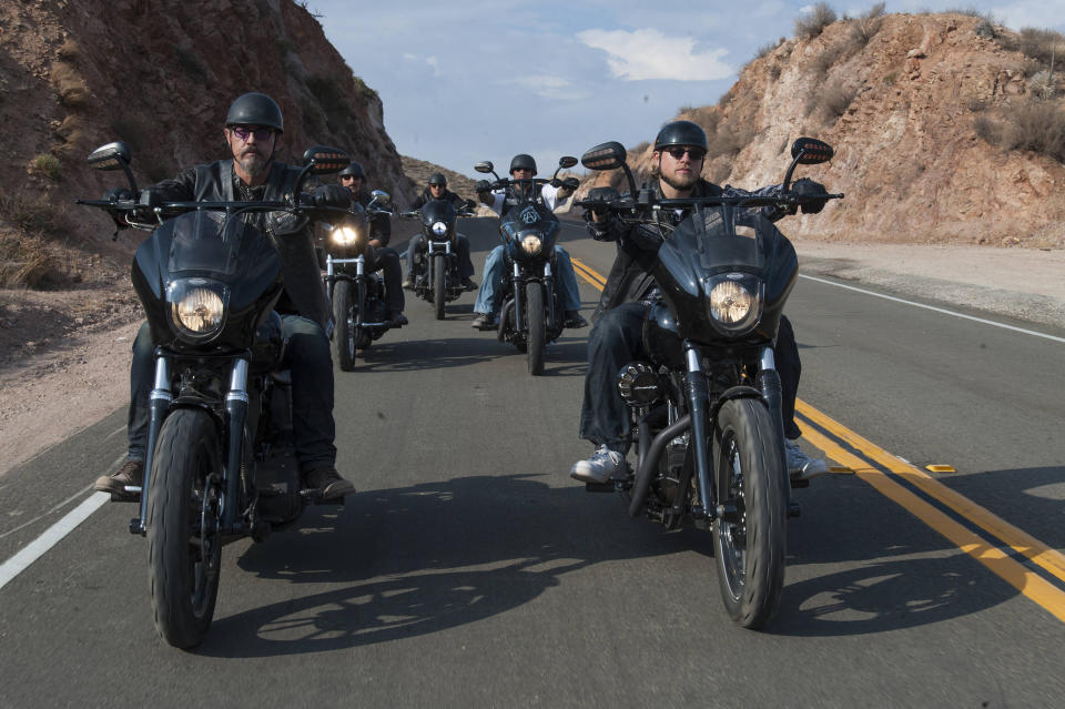 This image released by FX shows Tommy Flanagan as Filip 'Chibs' Telford, left, and Charlie Hunnam as Jackson "Jax" Teller, right, in a scene from "Sons of Anarchy." In its sixth season, "Sons of Anarchy" was as gory, complex and absorbing as ever, populated with characters who were brutish, bloodthirsty and yet somehow commanded our respect and affection. (AP Photo/FX, Prashant Gupta)