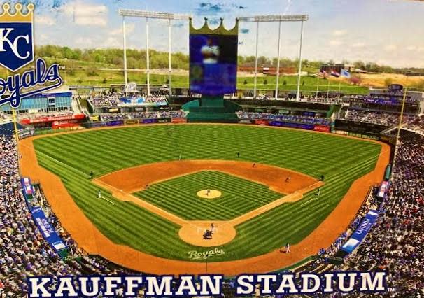 A postcard of Kauffman Stadium in Kansas City sent by William and Anita McKie.