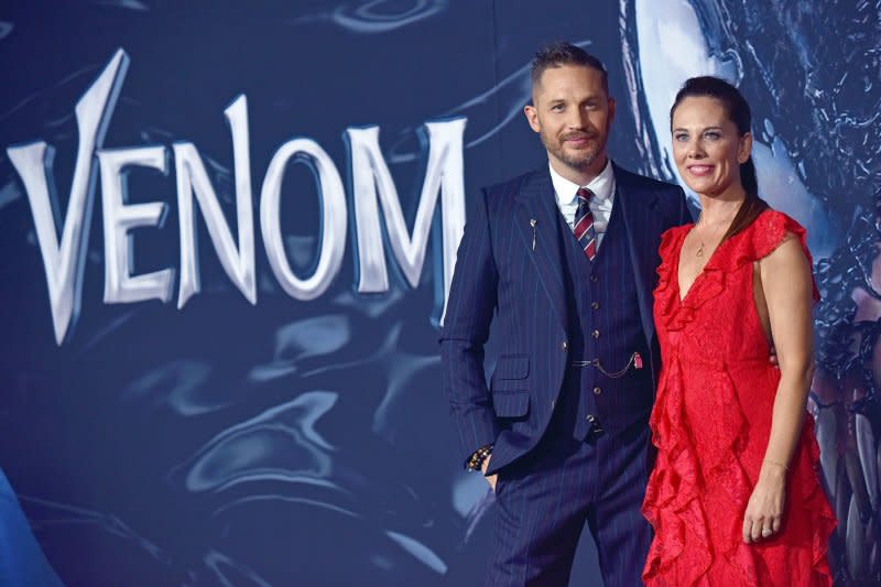 Tom Hardy (L) and "Venom: The Last Dance" director Kelly Marcel attend the Los Angeles premiere of "Venom" in 2018. File Photo by Chris Chew/UPI